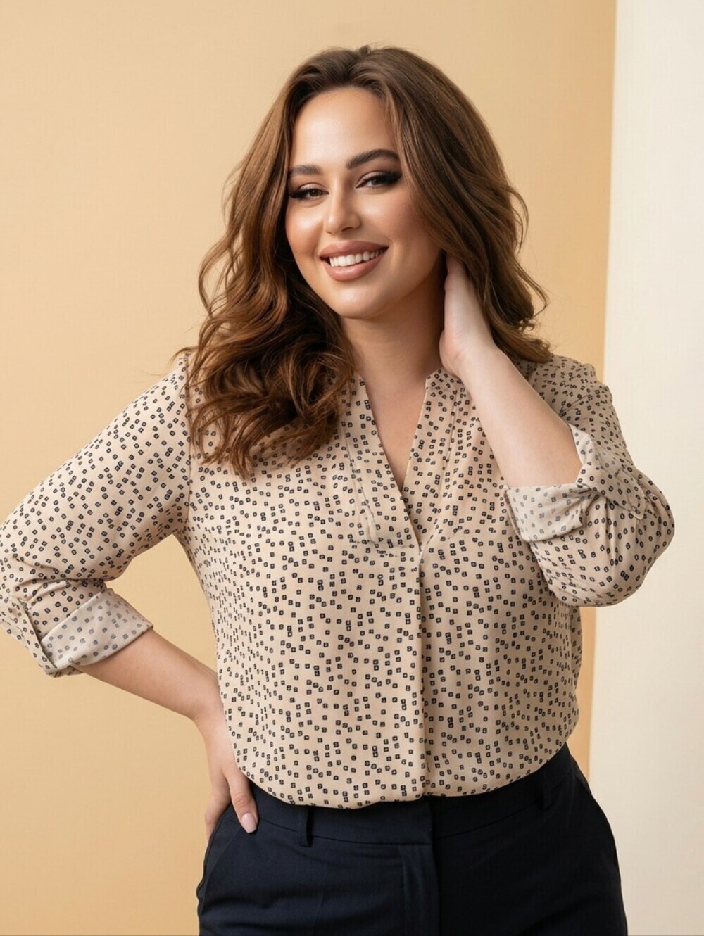 CAROLINA BELLE Plus Size SoftGirl Coquette Blouse 3X Beige Black Heart Print